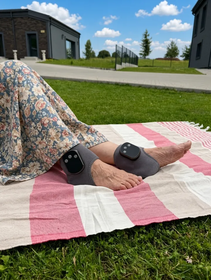 RejuvaFoot "Triple Therapy" Foot Massager worn on both feet outdoors